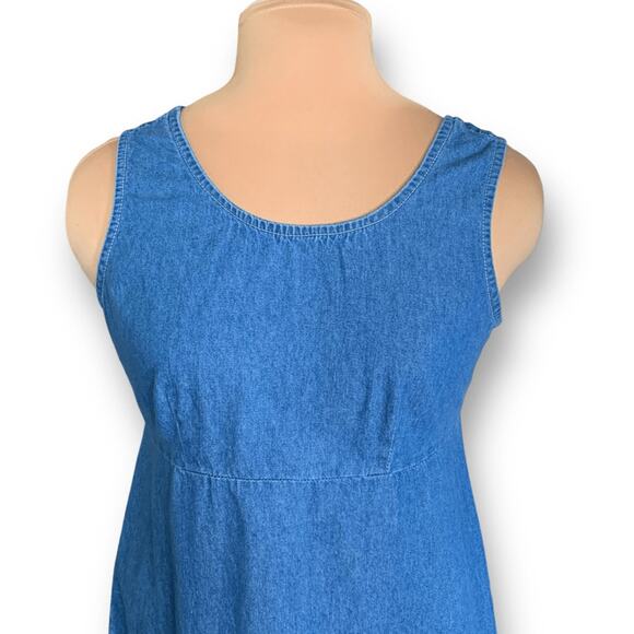 Vintage 90s Blue Denim Sleeveless Midi Dress Scoop Neck Back Zip Sundress Modest - Picture 4 of 10